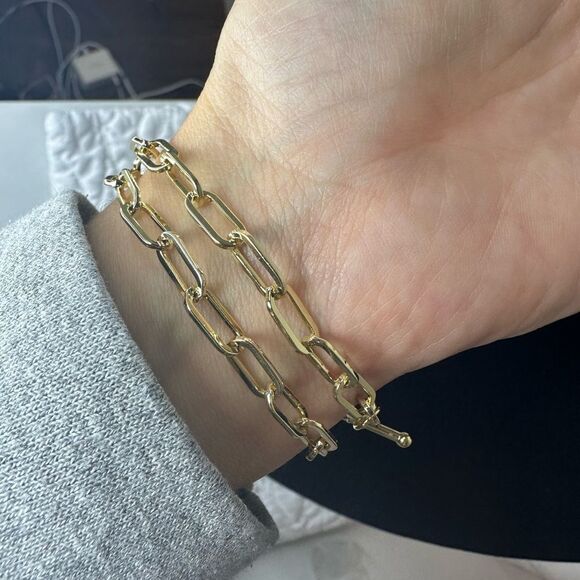 NEW $200 Loren Stewart CURATEUR Layered Bracelet Toggle 15”Gold Plate Paperclip - Picture 5 of 5